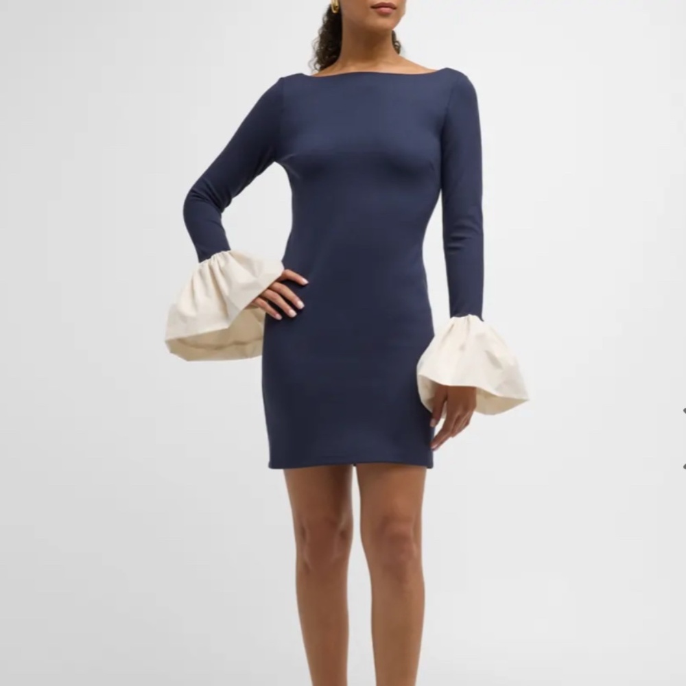 STAUD HAWTHORNE DRESS NAVY IVORY BELL CUFF MINI DRESS